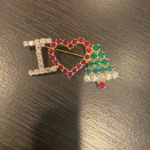Vintage I Heart Christmas gold-toned rhinestone brooch